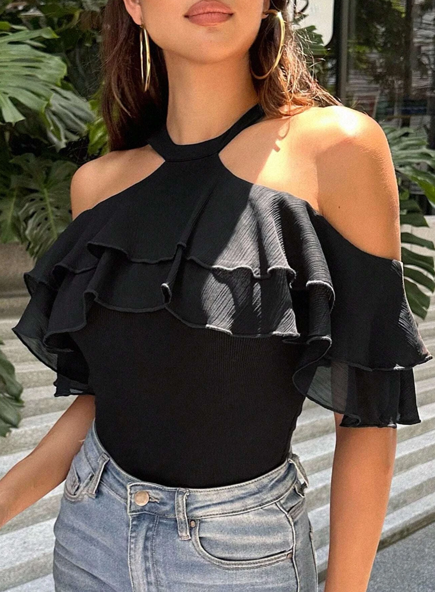 Cold Shoulder Ruffle Trim Tee