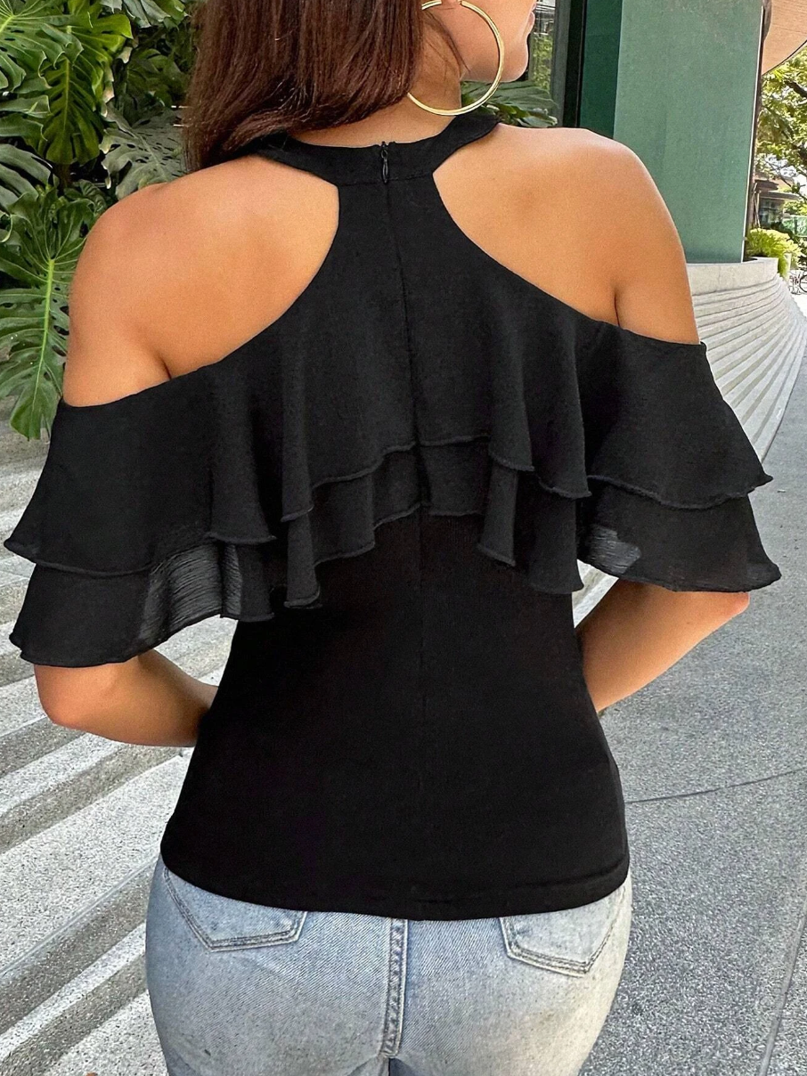 Cold Shoulder Ruffle Trim Tee
