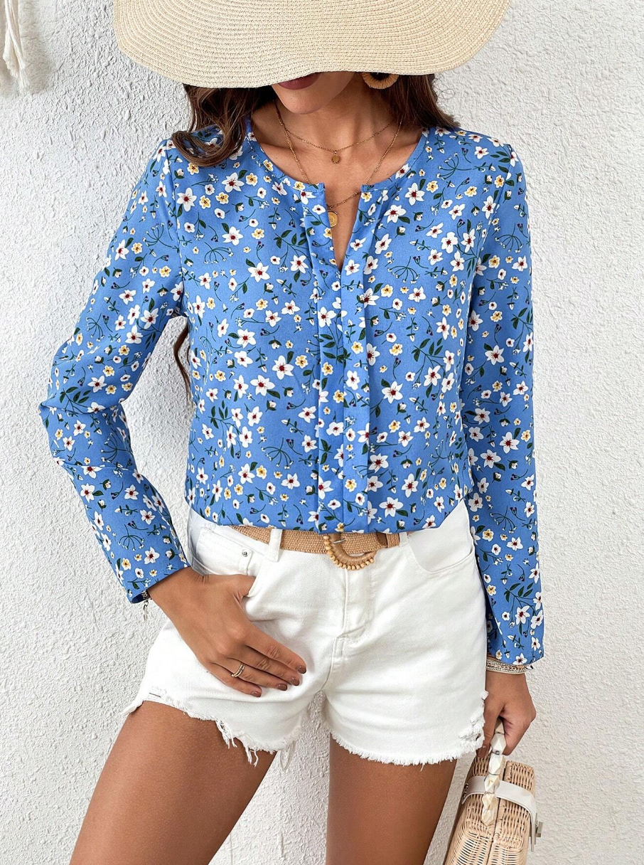 Floral Print Notched Neckline Blouse