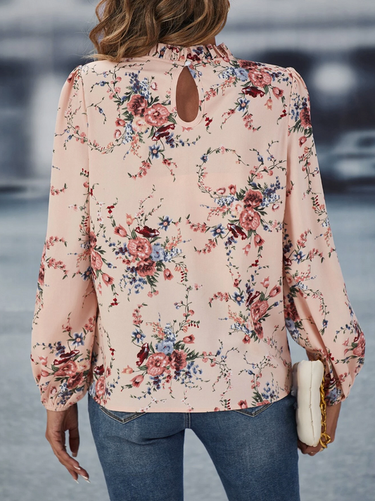 Floral Print Frill Neck Bishop Sleeve Blouse