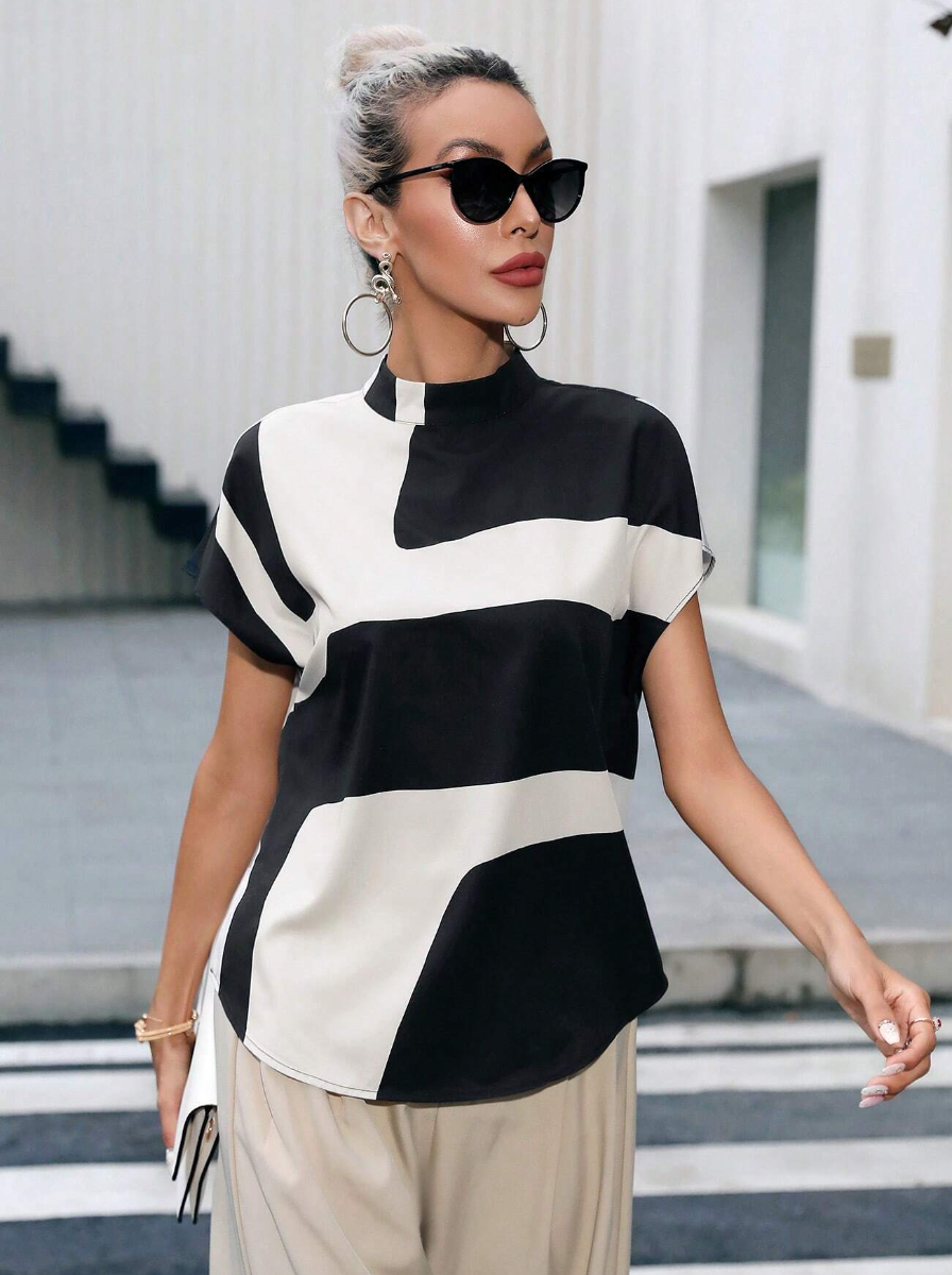 Tone Batwing Sleeve Mock Neck Blouse (BEIGE AND BLACK)