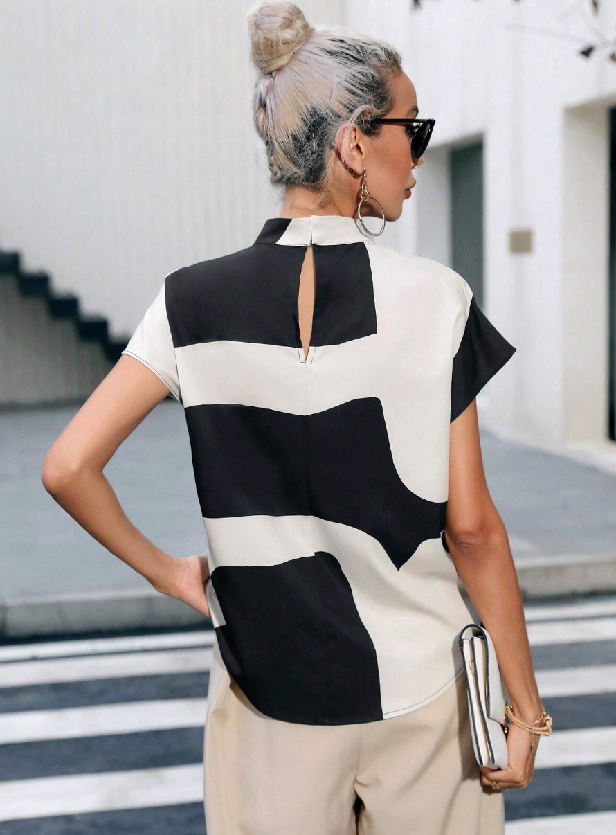 Tone Batwing Sleeve Mock Neck Blouse (BEIGE AND BLACK)