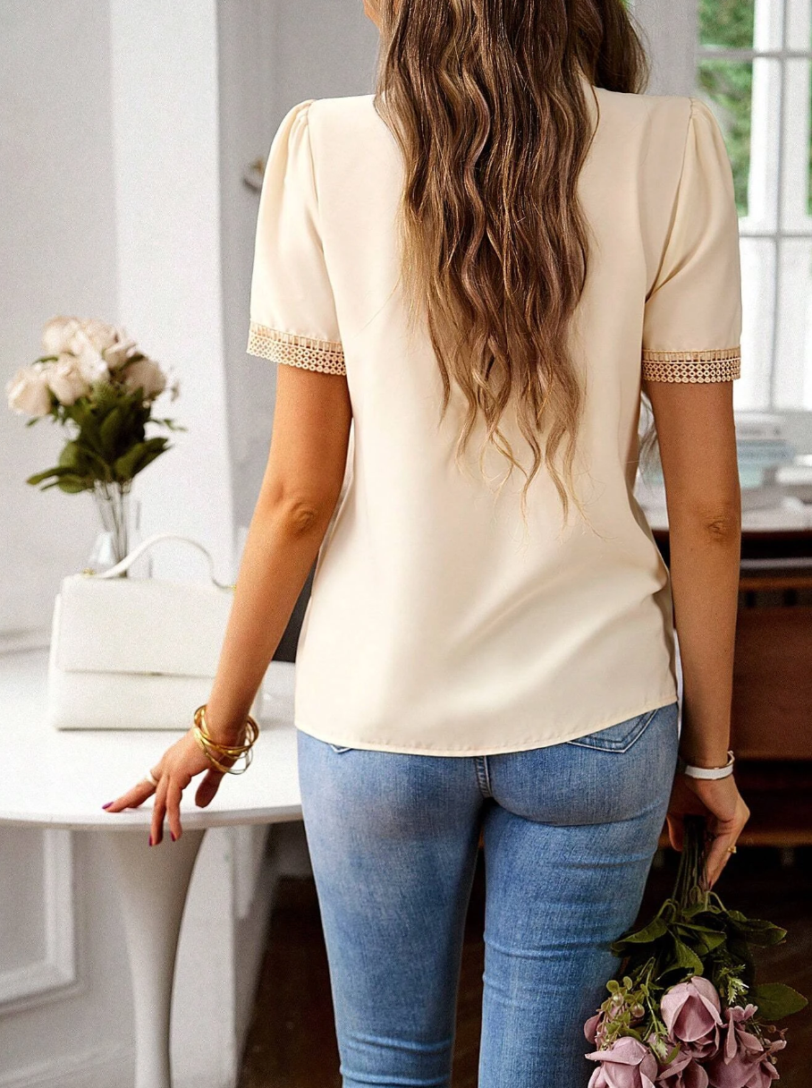 Keyhole Neckline Contrast Lace Blouse