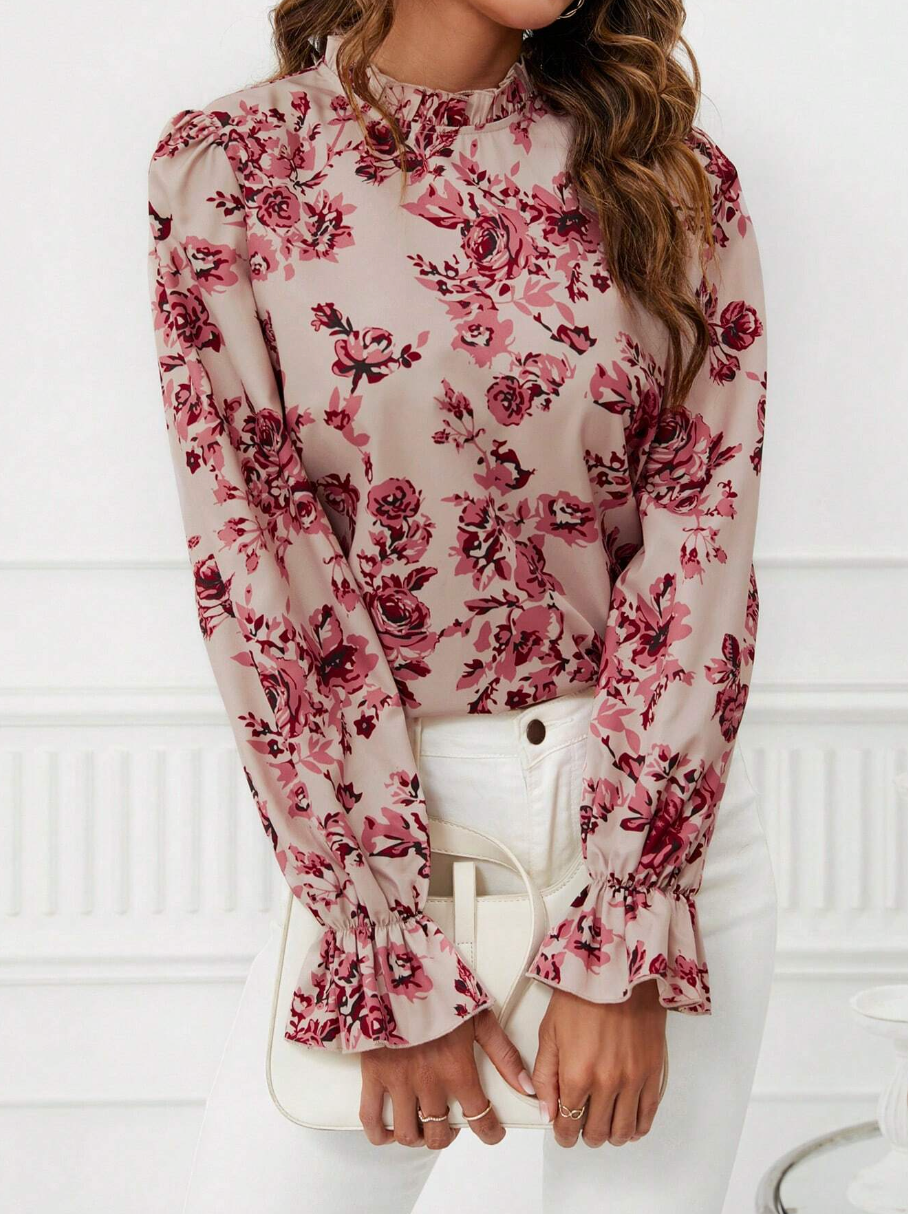Floral Print Flare Sleeve Frill Neck Blouse