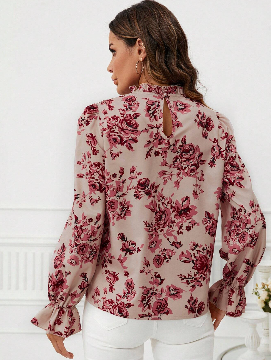 Floral Print Flare Sleeve Frill Neck Blouse