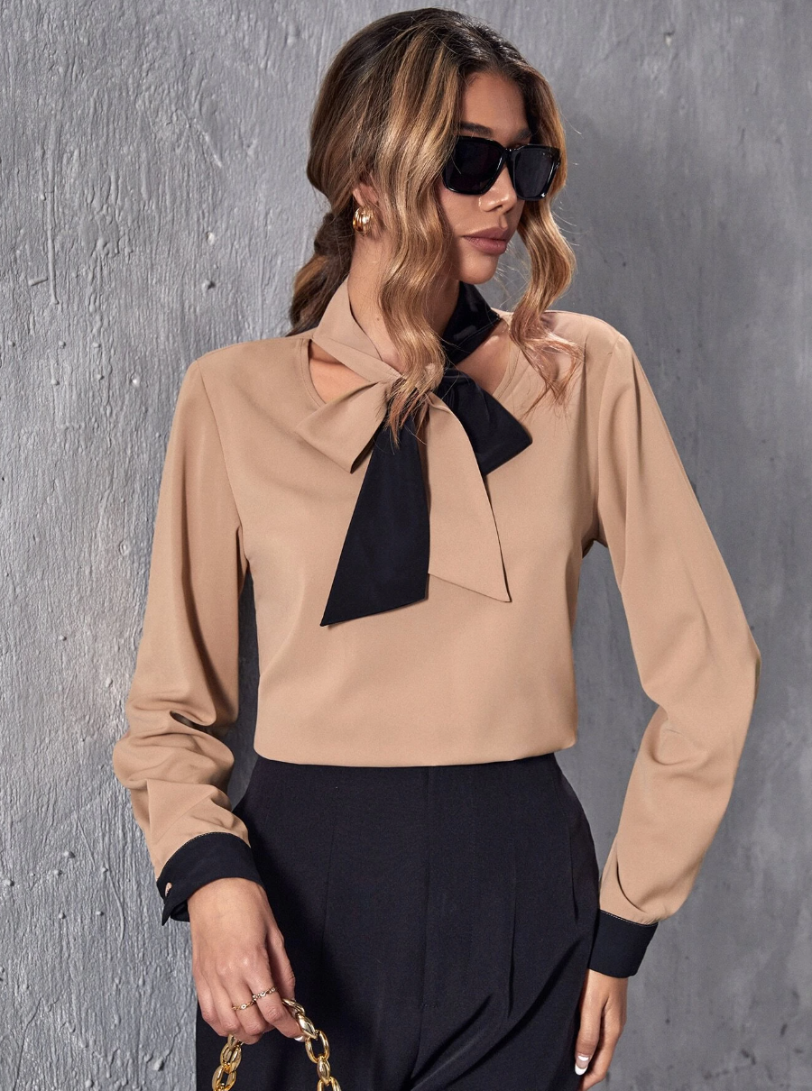 Tie Neck Keyhole Back Blouse