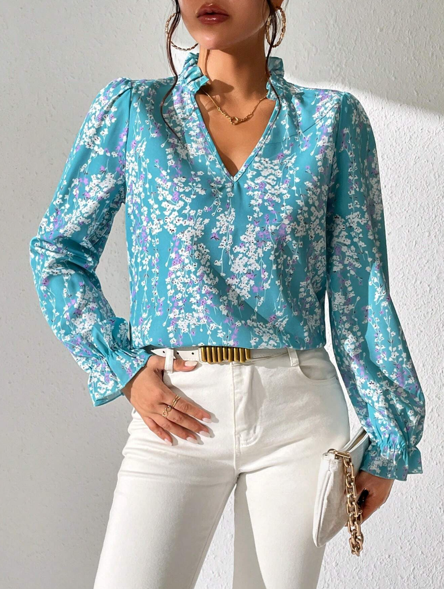 Print Flounce Sleeve Frill Trim Notched Neckline Blouse