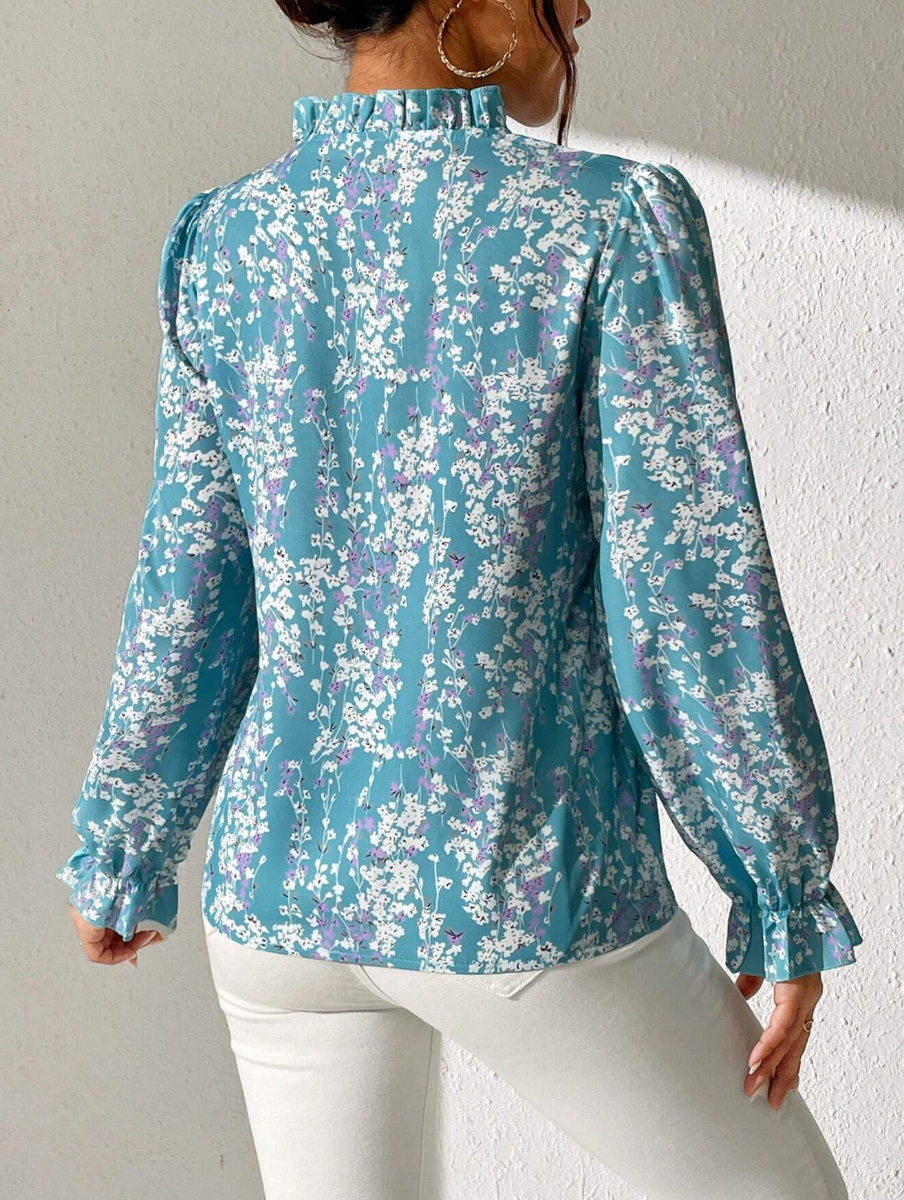 Print Flounce Sleeve Frill Trim Notched Neckline Blouse