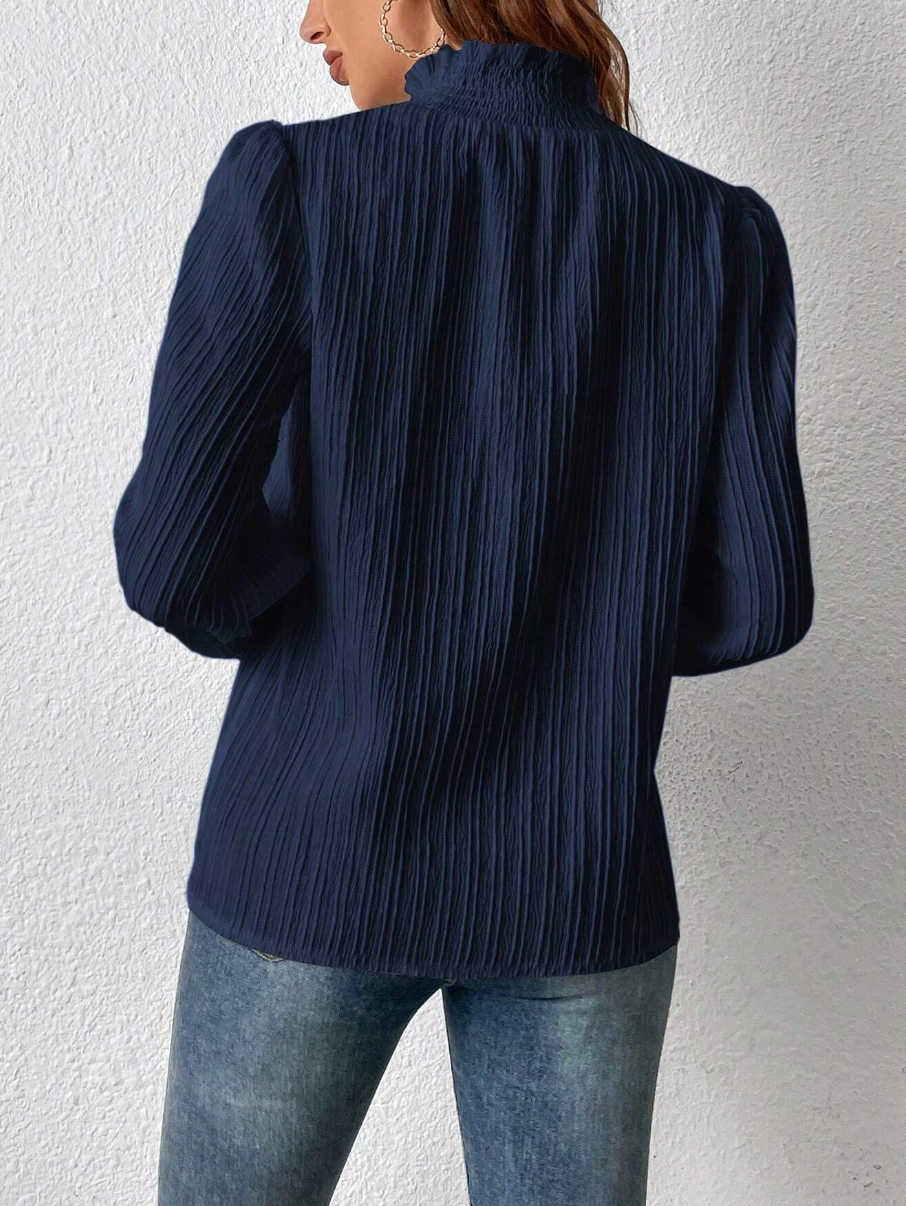 Frill Trim Mock Neck Lantern Sleeve Blouse