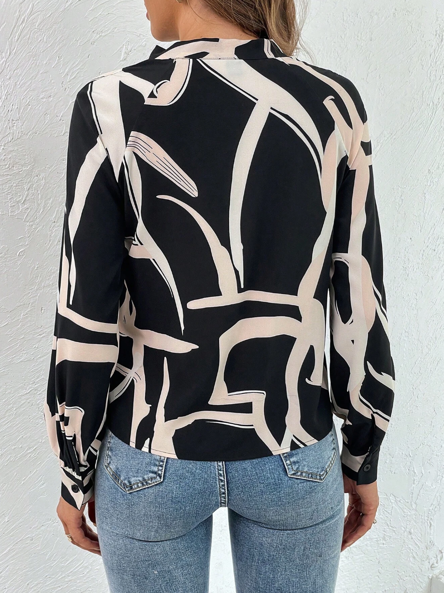 Allover Print Tie Neck Blouse