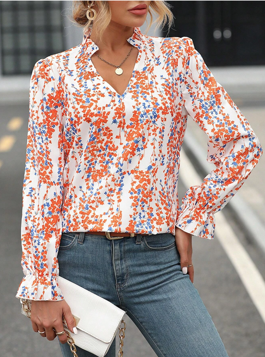 Allover Print Flounce Sleeve Frill Trim Notched Neckline Blouse