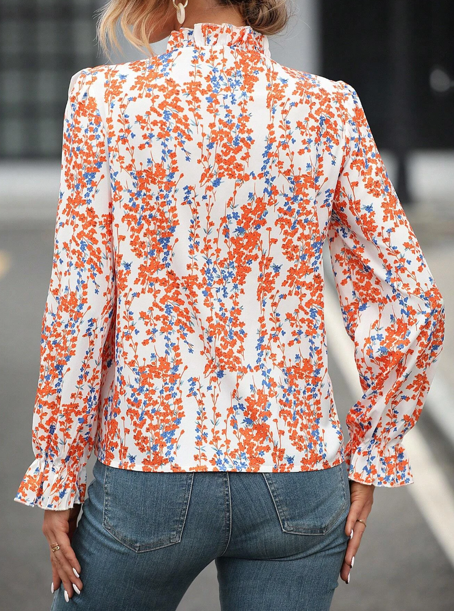 Allover Print Flounce Sleeve Frill Trim Notched Neckline Blouse