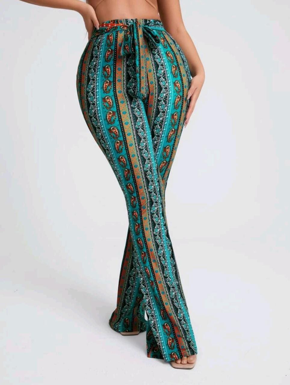Floral & Paisley Print Knot Front Wide Leg Pants