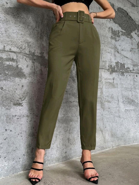 Solid Belted Tapered Pants