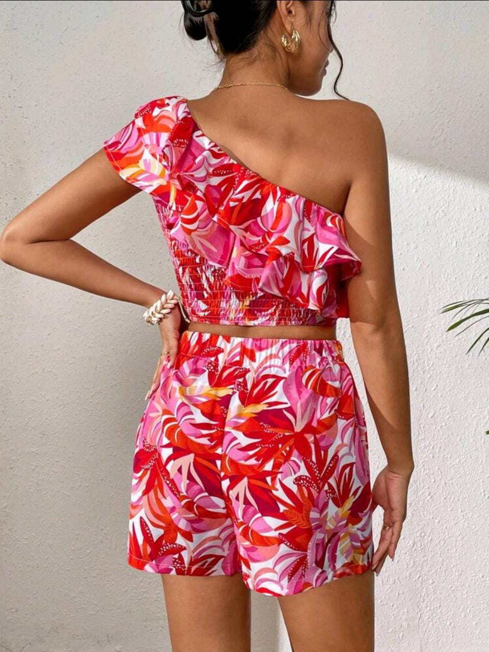 Tropical Print One Shoulder Ruffle Trim Top & Shorts