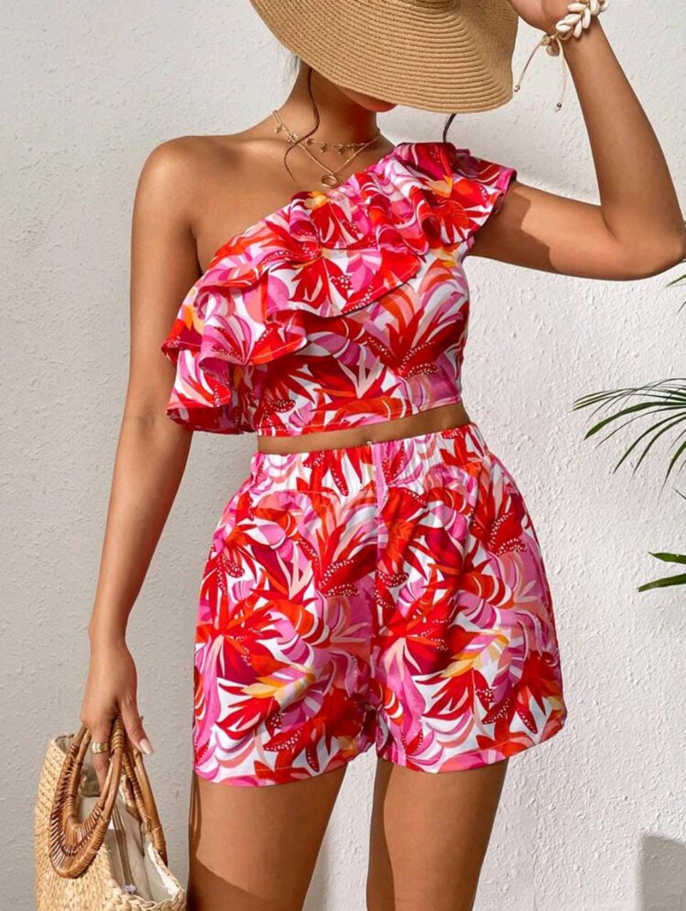 Tropical Print One Shoulder Ruffle Trim Top & Shorts