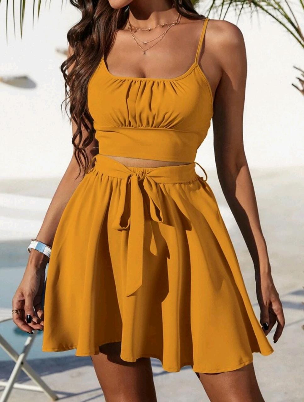 Ruched Bust Cami Top & Belted Skirt Set