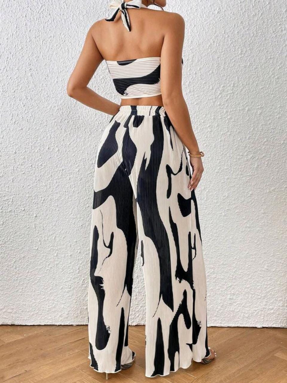 Graphic Print Halter Top & Wide Leg Pants
