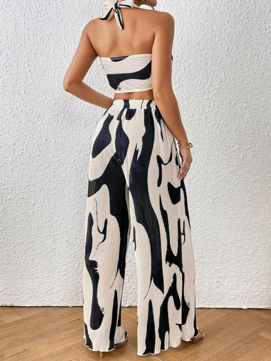 Graphic Print Halter Top & Wide Leg Pants