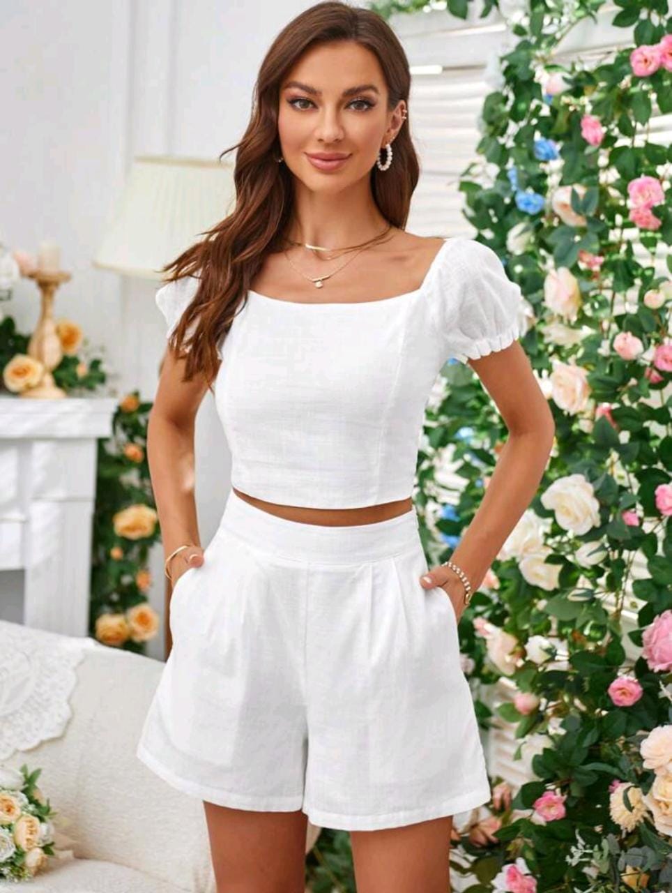 Solid Puff Sleeve Crop Top & Shorts