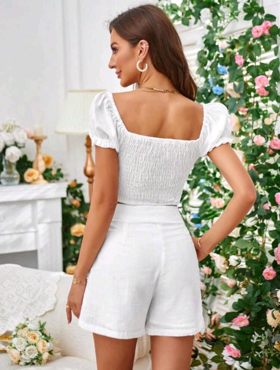 Solid Puff Sleeve Crop Top & Shorts