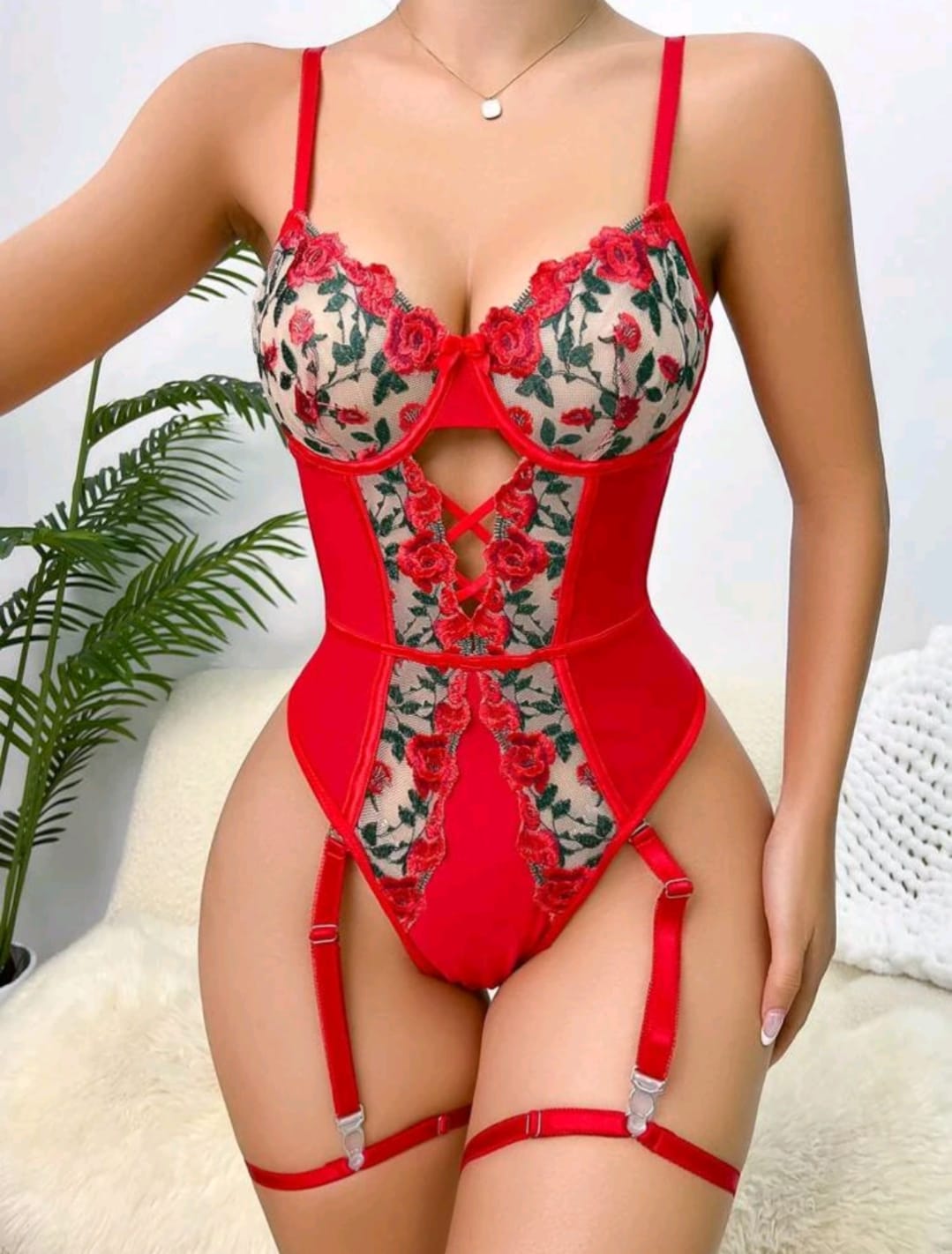 Floral Embroidery Mesh Underwire Garter Teddy Bodysuit
