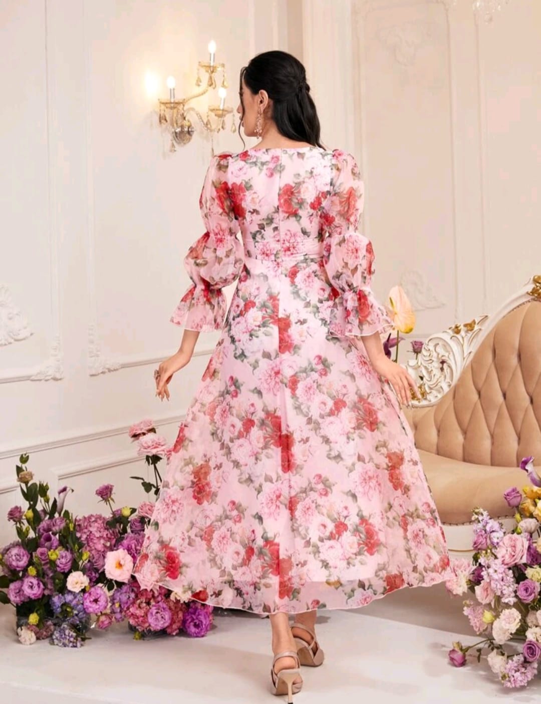 Neck Flounce Sleeve Dress Without Belt