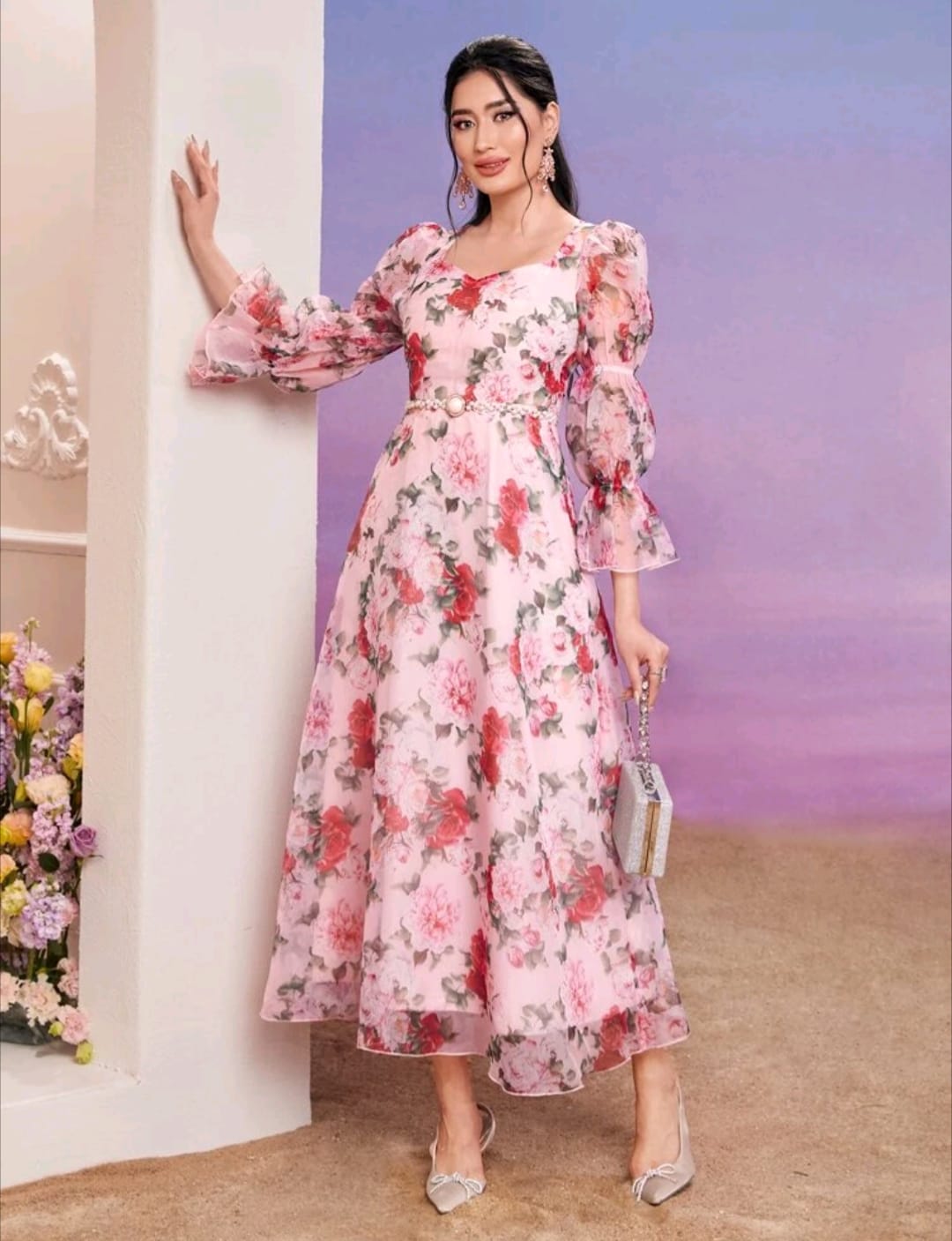 Neck Flounce Sleeve Dress Without Belt