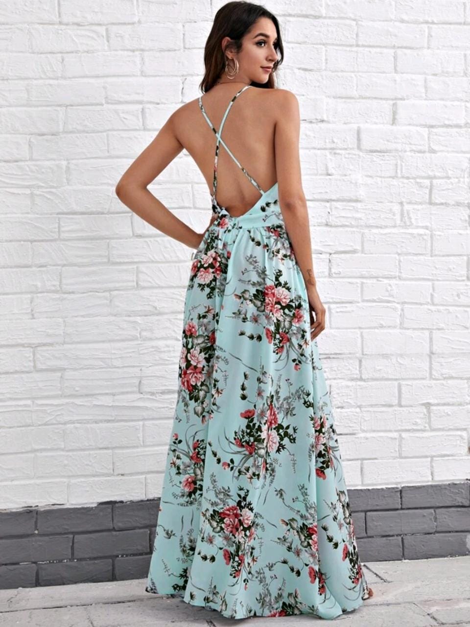 Criss Cross Backless Floral Maxi Dress