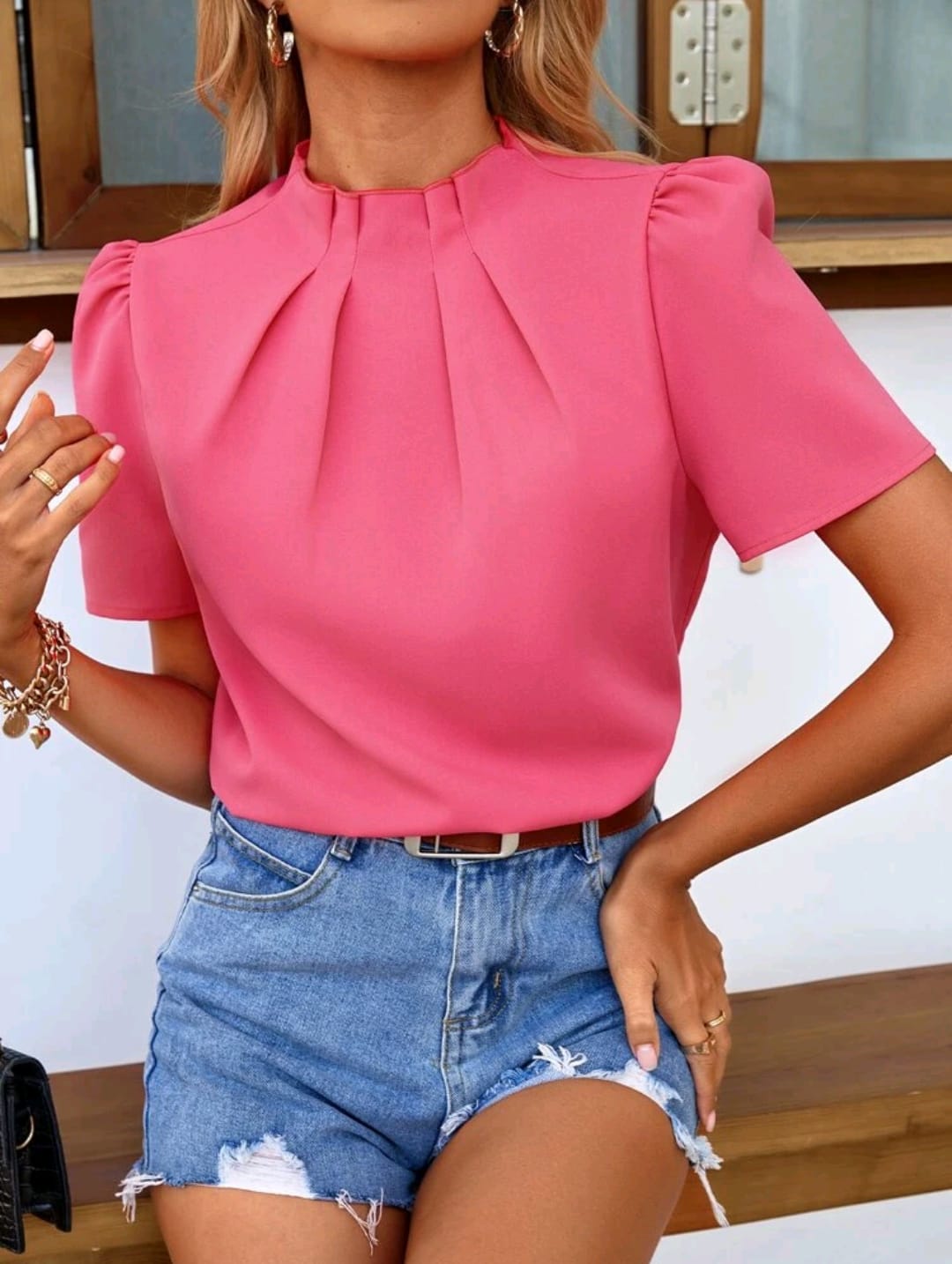 Mock Neck Keyhole Back Blouse