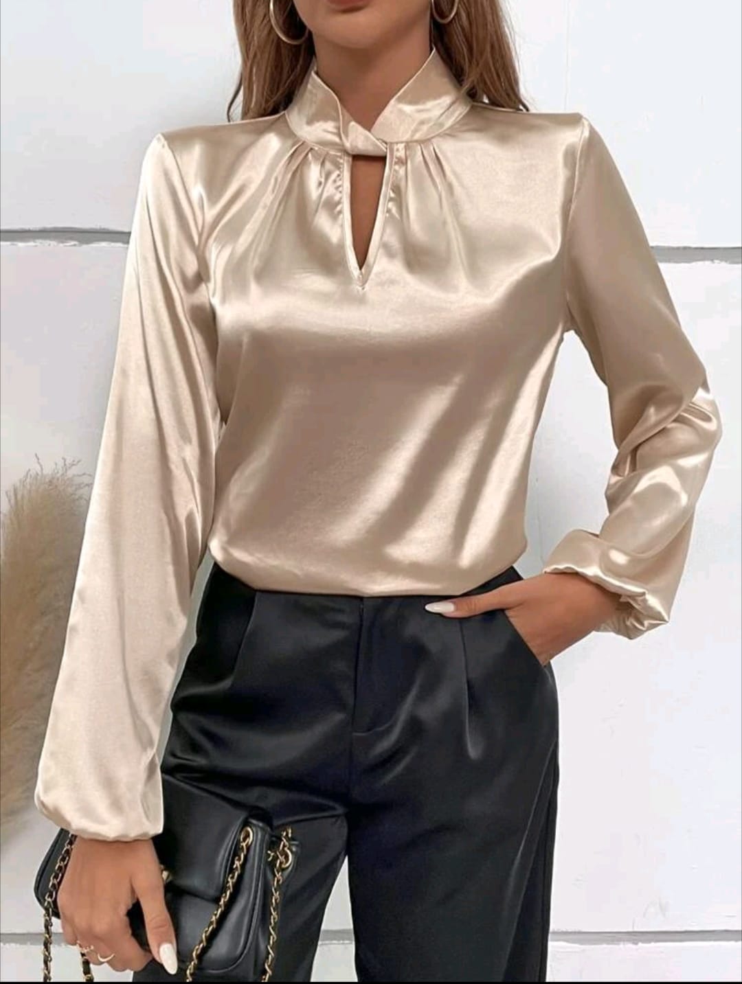 Keyhole Neckline Lantern Sleeve Satin Blouse