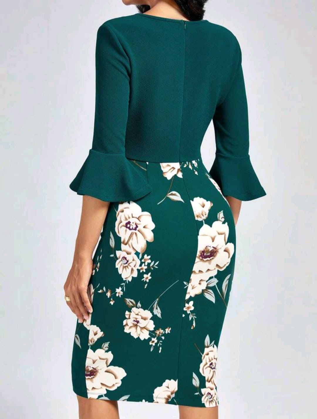 Floral Print Flounce Sleeve Notched Neckline Bodycon Dress