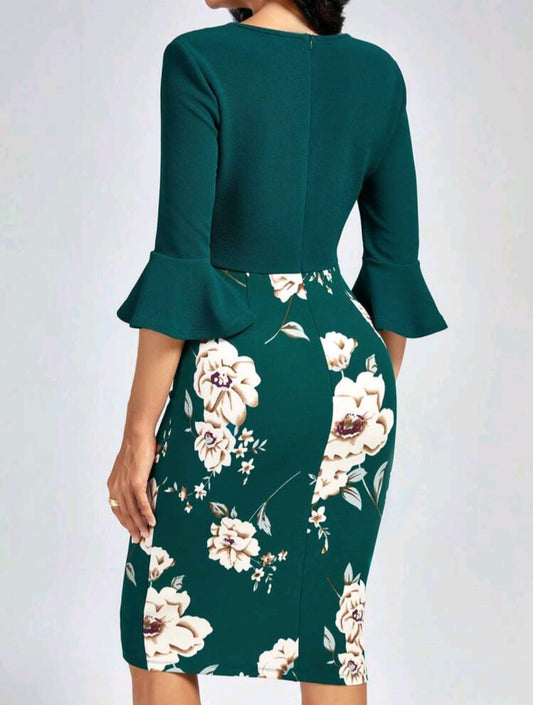 Floral Print Flounce Sleeve Notched Neckline Bodycon Dress