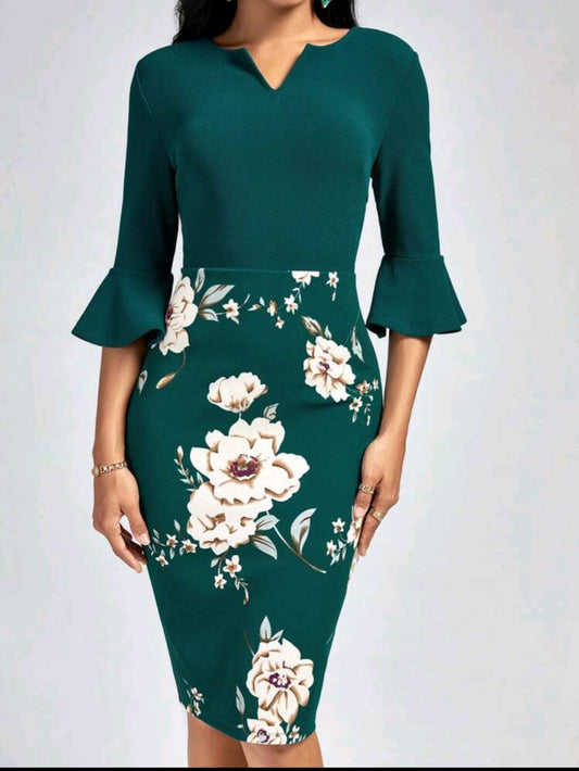 Floral Print Flounce Sleeve Notched Neckline Bodycon Dress