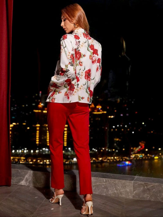 Floral Button Up Blouse With Belted Pants