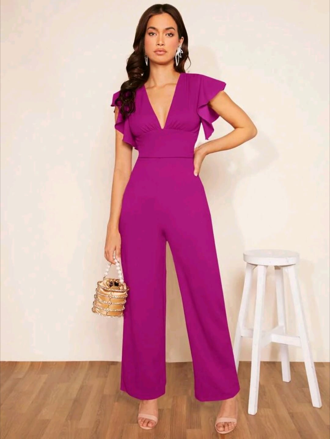 Ruffle Trim Wide Leg Jumpsuit