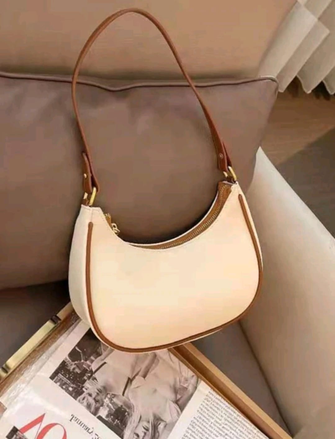 Piping Trim Zipper Hobo Bag