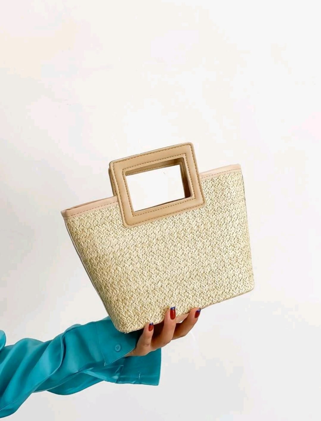 Contrast Binding Double Handle Straw Bag