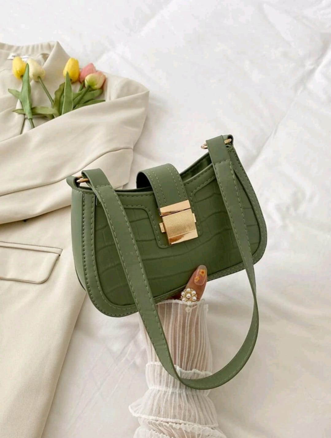 Mini Crocodile Embossed Push Lock Baguette Bag