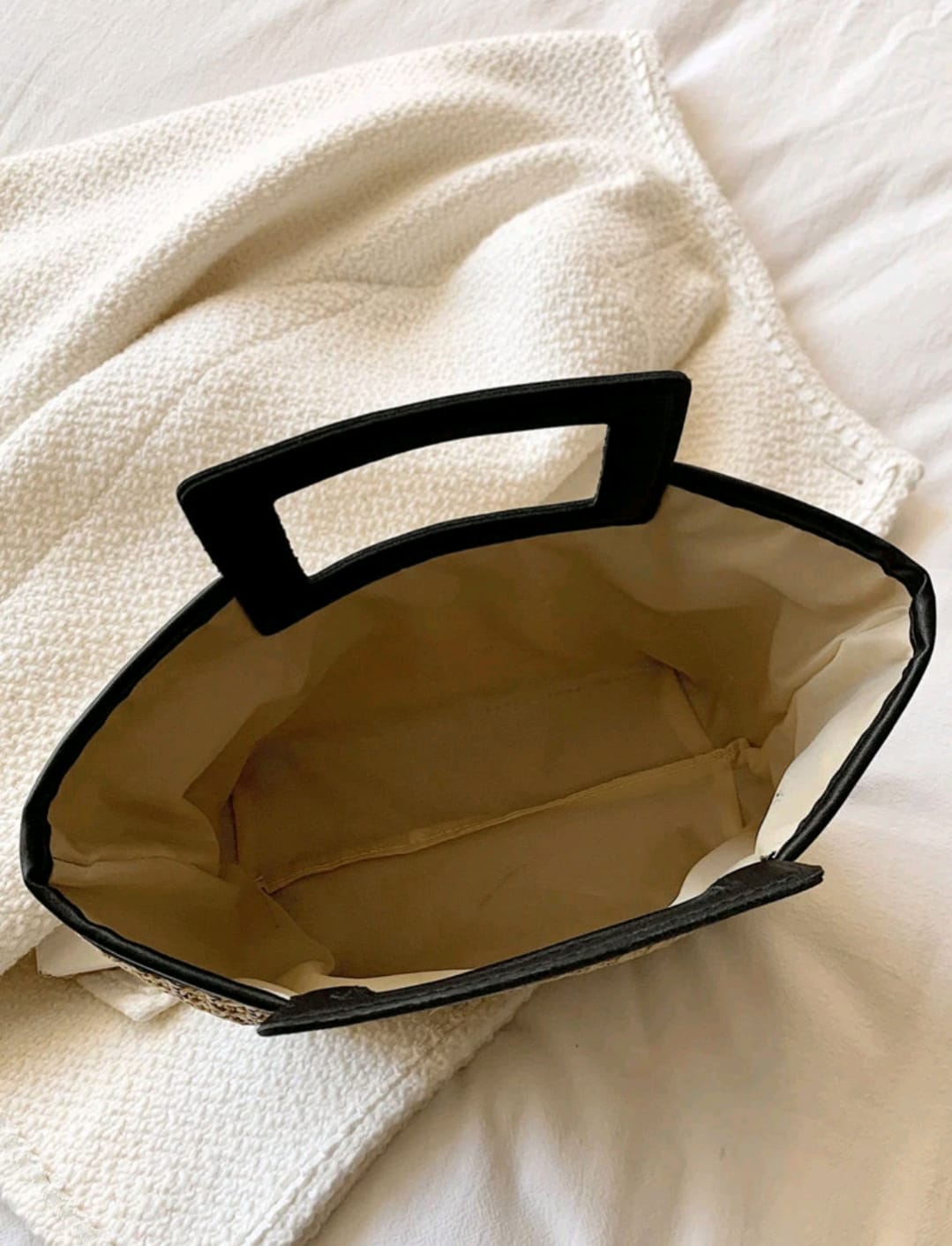 Contrast Binding Double Handle Straw Bag
