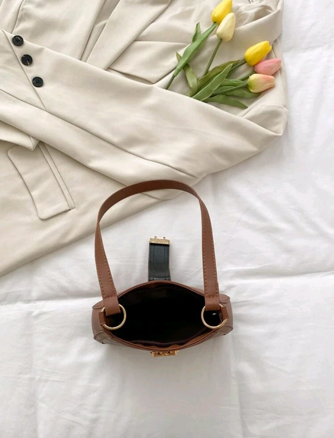 Crocodile Embossed Push Lock Baguette Bag
