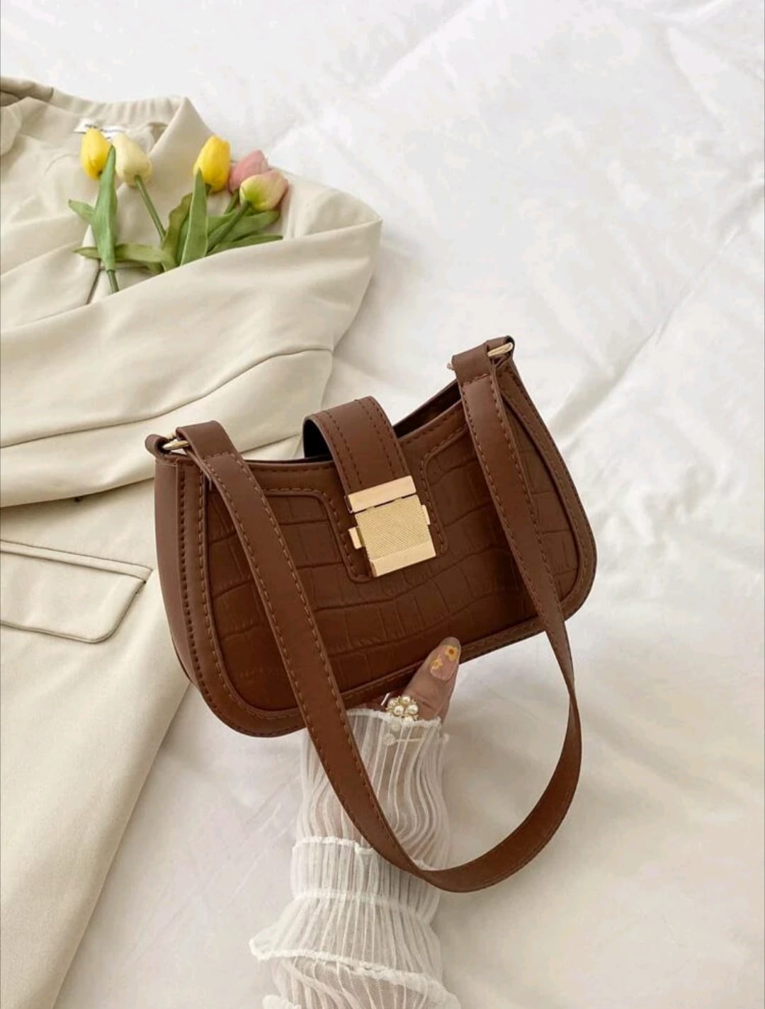 Crocodile Embossed Push Lock Baguette Bag