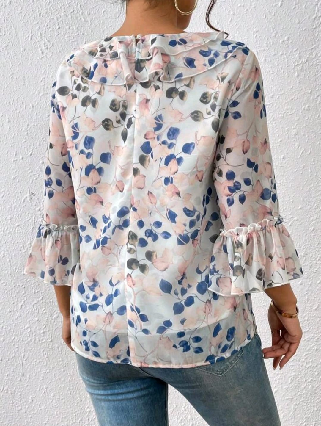Floral Print Ruffle Trim Flounce Sleeve Blouse