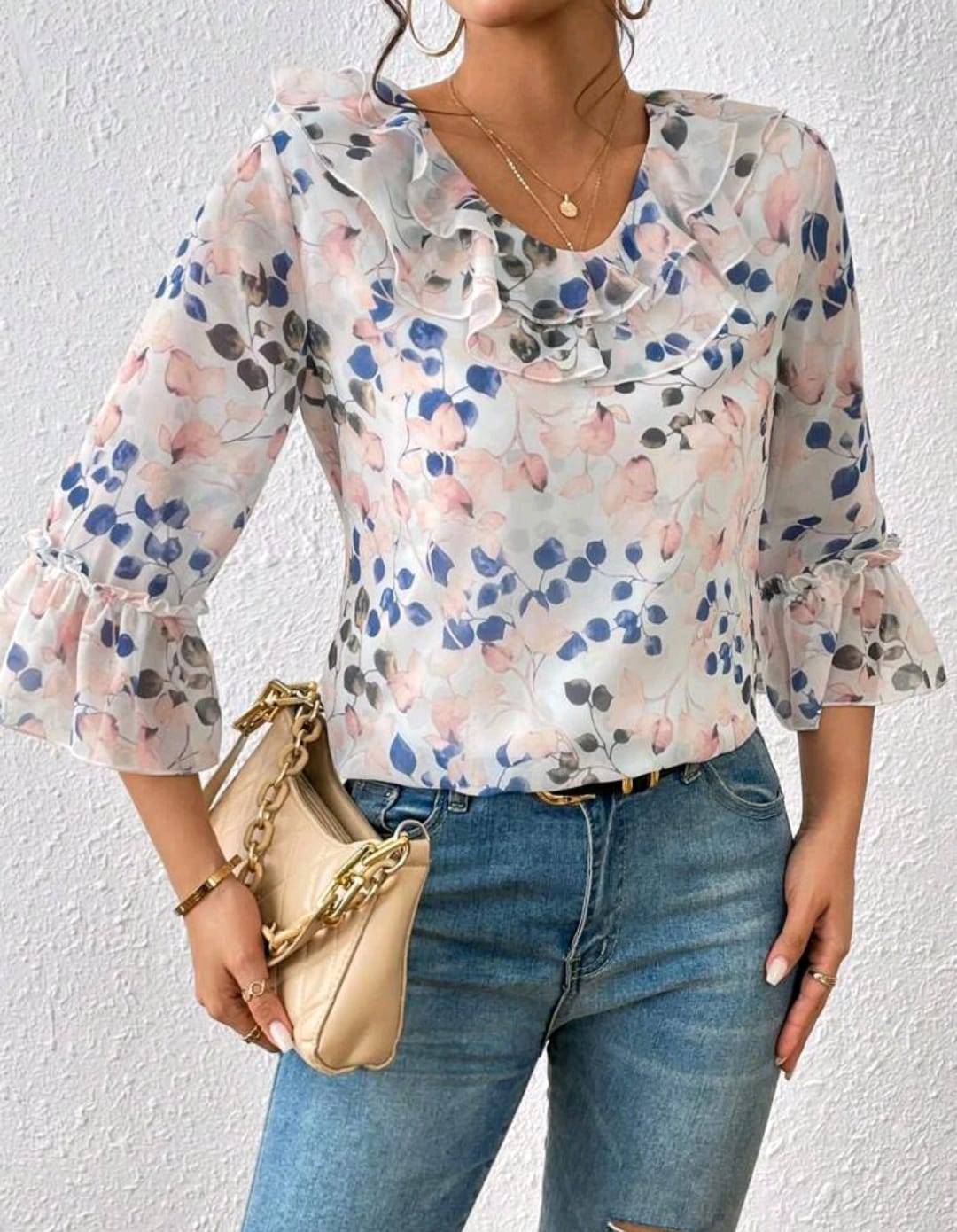 Floral Print Ruffle Trim Flounce Sleeve Blouse