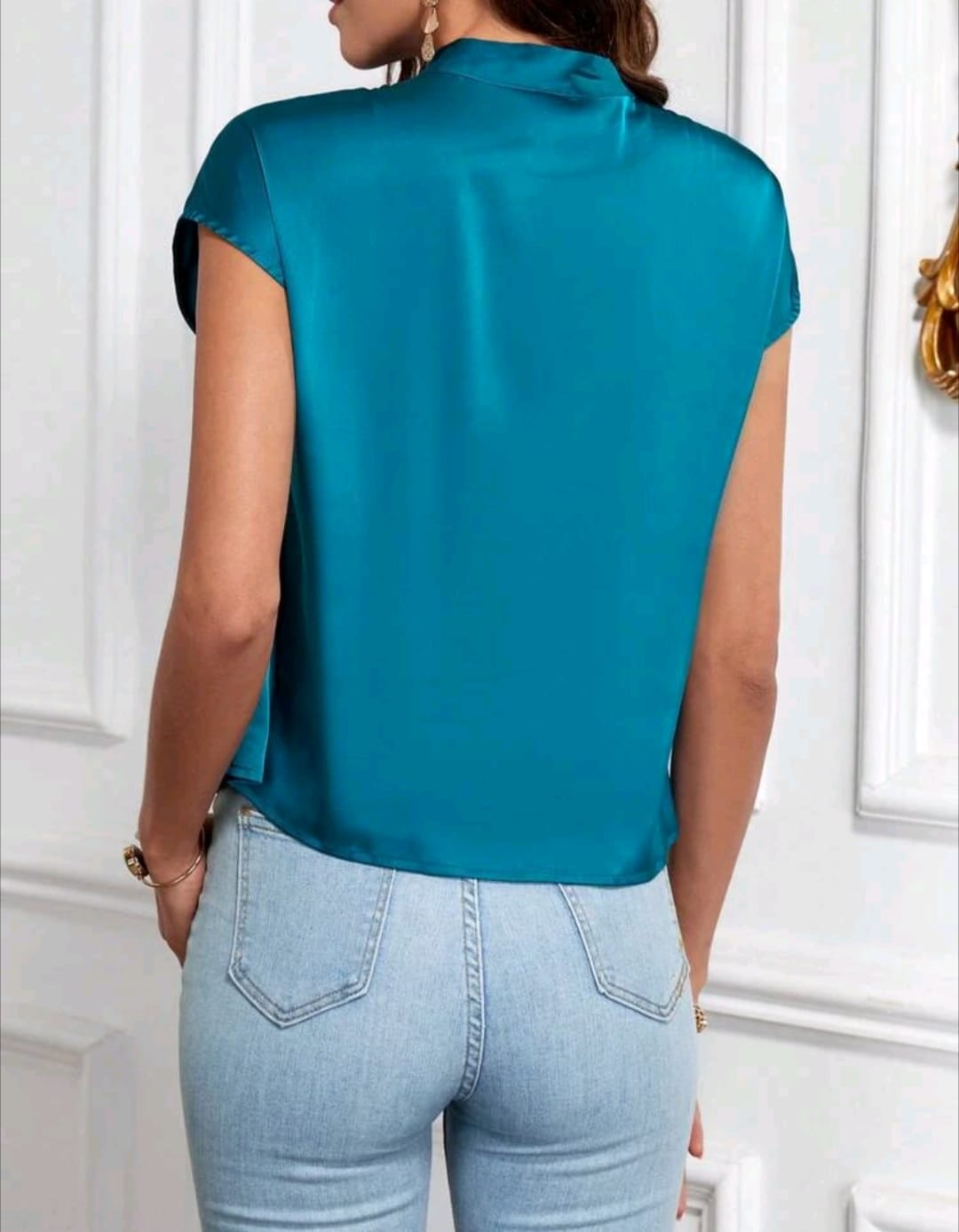 Neck Batwing Sleeve Satin Blouse
