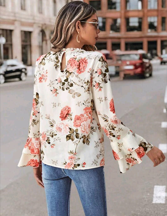 Floral Print Flare Sleeve Frill Neck Blouse