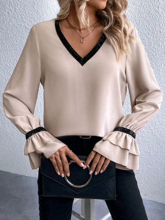 Contrast Trim Flare Sleeve Blouse