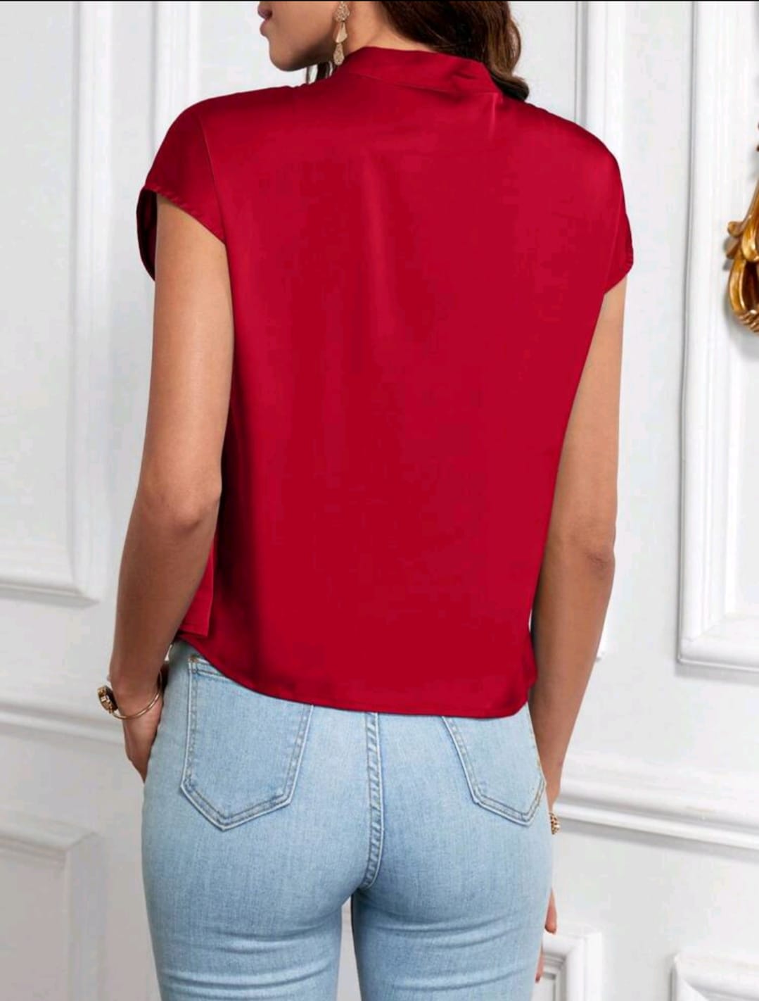 Neck Batwing Sleeve Satin Blouse