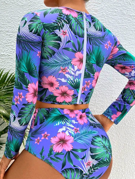 Tropical Print Long Sleeve Swim Shirt