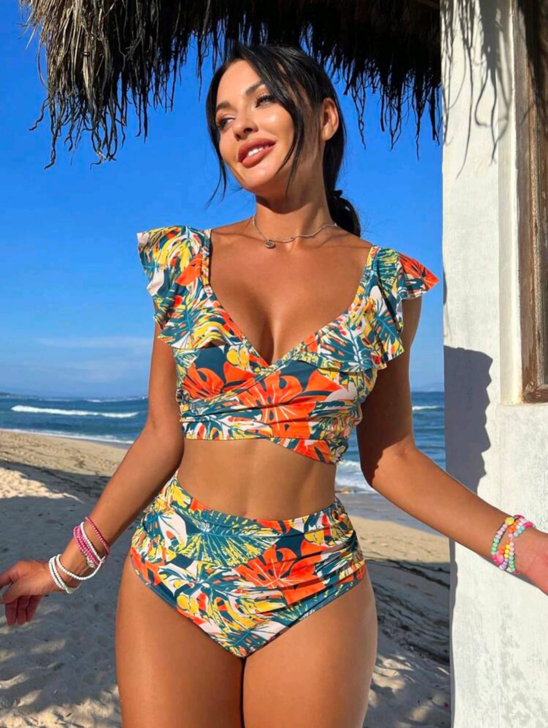 Tropical Print Ruffle Trim Bikini Swimsuit